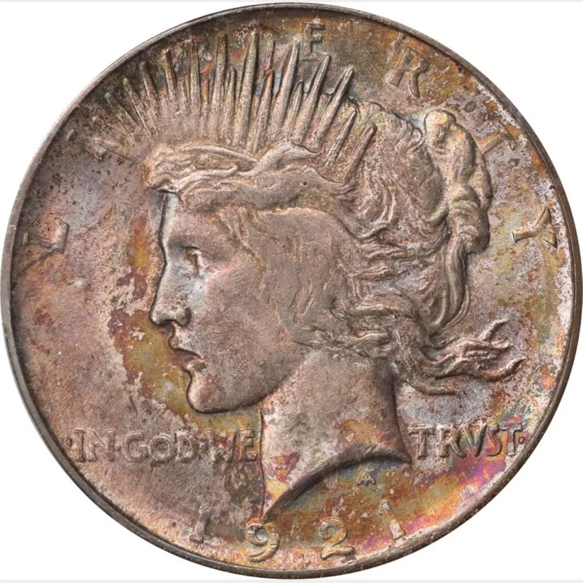 1921-High-Relief-Peace-Dollar,-PCGS-MS-66,-Rainbow-Toned